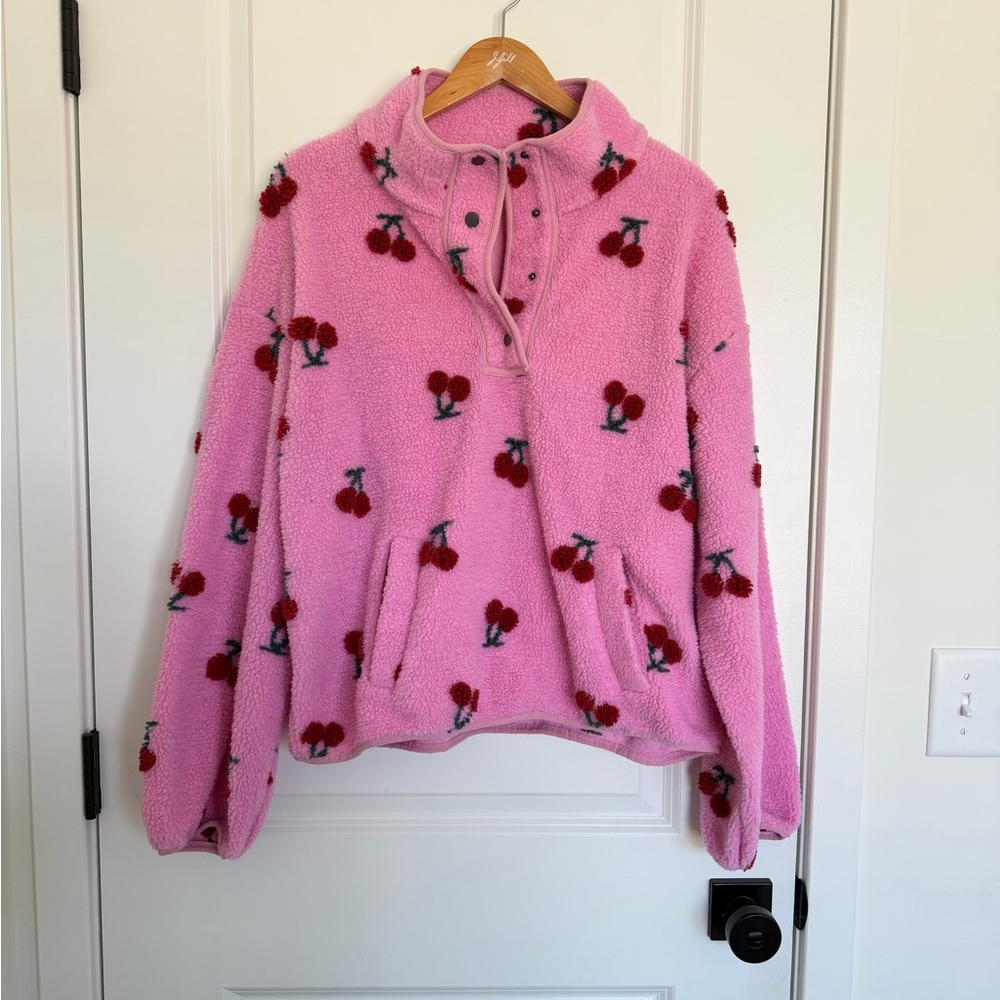New In Pink Cherry Sherpa Fleece Hoodie Button Up Large - Picture 2 of 4